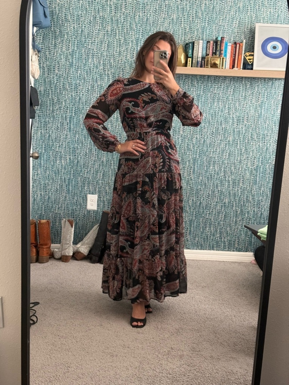 Anthropologie Boho Paisley Long Sleeve Maxi Dress - Black/Multi size 6